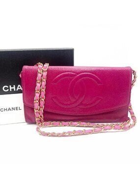 Chanel Caviar Classic Leather Wallet Chain Flap Pink Purse Crossbody